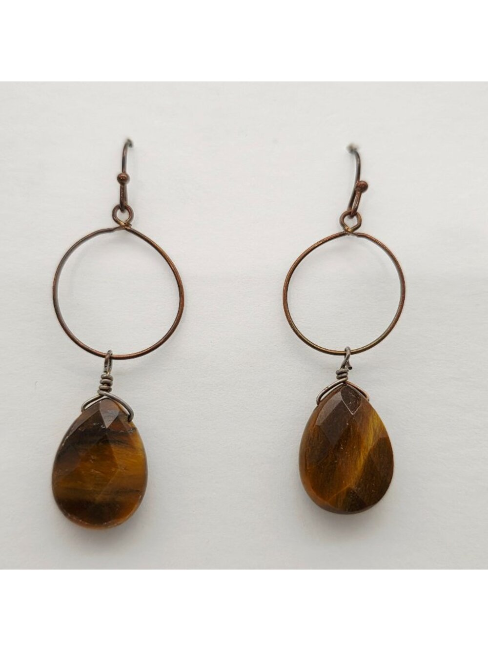 Faceted Tear Drop Tigers Eye Wire-Wrapped Drop Earrings On Antique Bronze Hoops